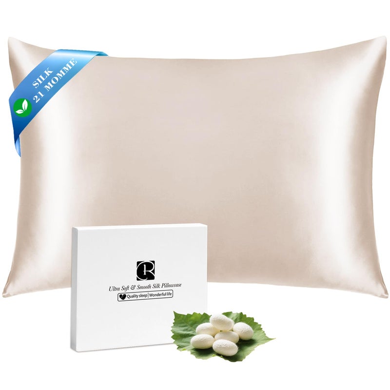 Ravmix Silk Pillow Cases with Zipper, 21momme Mulberry Silk Pillowcase for Hair Skin Health, Soft Smooth Breathable Cool Pillow Cover for Beauty Sleep with Gift Box 1PC(Queen 20"x30", Beige) - Image 1